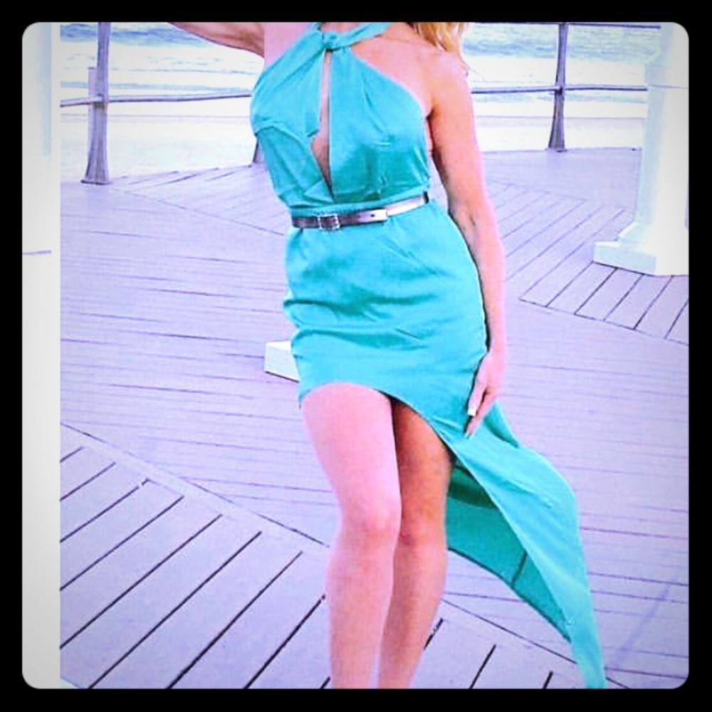Abyss By Abby satin sea green hi lo dress keyhole